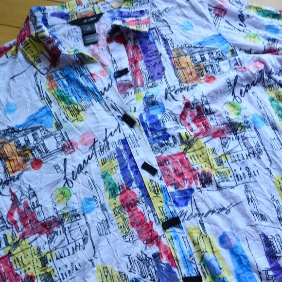 Ali Miles Art Wear Stretch Knit Button Up Shirt Short Sleeve City Print Size 1X - Picture 3 of 13